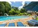 Backyard pool area features lounge seating, stone pool deck, and a slide, surrounded by lush trees at 555 Valley Hall Dr, Atlanta, GA 30350