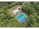 A high angle view of neighborhood amenities including tennis courts and a pool surrounded by mature trees at 526 Summer Ter, Woodstock, GA 30189