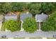 Aerial view of a home and neighborhood with mature trees and manicured lawns at 571 Oak Vista Ct, Lawrenceville, GA 30044