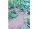 View of the landscaped backyard with natural elements, including trees and mulch ground cover at 3930 Regal Oaks Dr, Suwanee, GA 30024