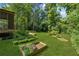 Lush backyard showcasing manicured lawn and raised garden beds, offering a serene outdoor space at 3123 Deshong Dr, Stone Mountain, GA 30087