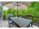 Relaxing outdoor deck with an umbrella, grill, and lush green backdrop perfect for entertaining at 3755 Valleyway Rd, Cumming, GA 30040