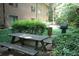 View of the community picnic area with wooden picnic table and chairs at 1131 Clairemont Ave # B, Decatur, GA 30030