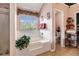 Bright bathroom featuring a garden tub under a window and decorative wrought iron accents at 11961 Markham Way, Hampton, GA 30228