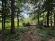 Backyard features a wooden deck with seating, surrounded by lush greenery and mature trees at 390 Hunt River Way, Suwanee, GA 30024
