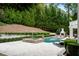 Lush backyard featuring a pool, spa, fireplace, and well-manicured landscaping at 3401 Stillhouse Se Rd, Atlanta, GA 30339