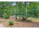 Backyard of trees leading to a lake with a wooden dock and red chairs to relax at 10775 Shallowford Rd, Roswell, GA 30075