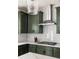 Charming kitchen featuring dark green cabinets, white subway tile backsplash, and modern stainless steel vent hood at 374 Heritage, Woodstock, GA 30188