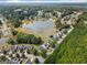 Aerial view of a community with a scenic lake surrounded by lush greenery at 11833 Spring Lake Way, Fayetteville, GA 30215