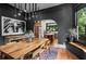 Spacious dining area with dark walls, wood accents, modern lighting, and view to kitchen with stainless appliances at 261 Ormond Se St, Atlanta, GA 30315