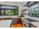 Gourmet kitchen with black framed windows, stainless steel appliances, and custom wood cabinets at 261 Ormond Se St, Atlanta, GA 30315