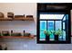 Kitchen featuring floating wood shelves, black framed window, white backsplash and marble counters at 261 Ormond Se St, Atlanta, GA 30315