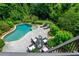 Aerial view of private backyard featuring lush landscaping, patio with seating area, and swimming pool at 1282 Kendrick Ne Rd, Brookhaven, GA 30319