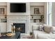Close-up of a living room fireplace, built-in shelves, mantel decor, and comfortable sofa at 1282 Kendrick Ne Rd, Brookhaven, GA 30319