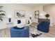 Bright living room featuring stylish blue accent chairs, a white couch, and modern decor at 2686 Ne Almand Ne Ln, Conyers, GA 30013