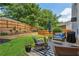 Serene backyard with a patio seating area, landscaped garden beds, and privacy fencing at 142 Holly Mill Village Dr, Canton, GA 30114