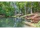 Secluded property with scenic pond surrounded by mature trees and lush greenery, reflecting a peaceful, natural retreat at 6077 Lake Lanier Heights Rd, Buford, GA 30518