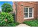 Close-up of a brick exterior showcasing a window, drainpipe, and neatly trimmed green bushes at 7025 Windsor Hill Psge, Suwanee, GA 30024