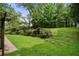 Lush backyard with stone accents, terraced lawn, and verdant landscaping offer a serene outdoor space at 300 Stone Mill Trl, Atlanta, GA 30328