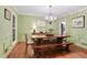 Elegant dining room featuring hardwood floors, classic wainscoting, and a stylish chandelier at 300 Stone Mill Trl, Atlanta, GA 30328