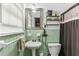 Charming bathroom with retro green tile, a pedestal sink, and a functional shower area at 1263 Blueberry Trl, Decatur, GA 30033