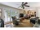 Cozy living room featuring hardwood floors, a ceiling fan, and access to the backyard at 1263 Blueberry Trl, Decatur, GA 30033