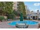 Community pool with patio furniture, chairs, umbrellas and trees surrounding the outside pool area at 4203 Stratford Commons # 4203, Decatur, GA 30033
