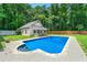 Backyard pool is surrounded by a concrete patio, wooden fence, and green lawn perfect for outdoor relaxation and play at 440 Junction Trak, Roswell, GA 30075