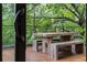 An outdoor dining table with benches surrounded by trees, sitting on a private balcony at 670 Willoughby Ne Way, Atlanta, GA 30312