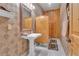 Elegant bathroom showcasing a pedestal sink, decorative mirror, and wood-paneled accent walls at 14501 Woolsey Rd, Hampton, GA 30228