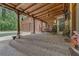 Covered patio with a wooden ceiling, stone fireplace, pool and outdoor dining area at 14501 Woolsey Rd, Hampton, GA 30228