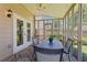 Screened-in porch with outdoor dining table and seating, with a view of the backyard and white french door at 1472 Lynchburg Pl, Marietta, GA 30062