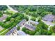 Aerial view showcasing townhome community's location, nearby roads, green spaces, and parking at 3202 Saute Way, Avondale Estates, GA 30002