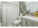 Bathroom featuring modern vanity, shower, and patterned accent wall at 1625 Hawkins Cove Trl, Roswell, GA 30076