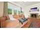 Cozy living room with a stone fireplace, large windows, and a comfortable sofa at 6017 Chestatee Creek Nw Ct, Acworth, GA 30101