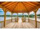 Inside the lakeside gazebo with wooden beams, railings, and scenic views at 410 Iroquois Ct, Covington, GA 30014