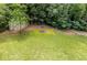 Overhead backyard view features a storage shed, fire pit, and lush lawn with trees at 178 Castleair Ne Dr, Kennesaw, GA 30144
