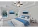 Staged bedroom features a tray ceiling, a ceiling fan and a large bed dressed in whites and blues at 4206 Moccasin Trl, Woodstock, GA 30189