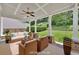 Covered outdoor patio with comfortable seating, ceiling fan, and backyard views at 4206 Moccasin Trl, Woodstock, GA 30189