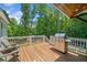 Outdoor deck featuring a stainless steel grill, wooden chairs, and beautiful wooded views at 208 Wilshire Ter, White, GA 30184