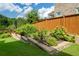 Backyard garden featuring raised beds filled with flowers and vegetables, surrounded by lush green lawn at 4503 Atley Woods Se Dr, Atlanta, GA 30339
