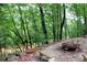 Backyard sitting area with a charming stone bench and cozy fire pit surrounded by nature at 1310 Larkview Sw Dr, Lilburn, GA 30047