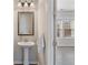 Charming half bath with pedestal sink and view into living area at 531 Headwind Way, Alpharetta, GA 30005
