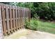 Backyard featuring a concrete patio, wooden fence, and lush greenery at 1783 Shetley Creek Drive, Norcross, GA 30071
