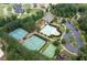 An aerial shot of community pool, tennis courts, playground, and golf course surrounded by lush greenery at 214 Misty View Dr, Canton, GA 30114