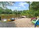 Private lake featuring a dock and pebble beach area for kayaks and outdoor activities at 1572 Azalea Dr, Lawrenceville, GA 30043