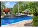 Beautiful pool with stone accents, umbrellas, and lounge chairs in a lush, private backyard setting at 1572 Azalea Dr, Lawrenceville, GA 30043