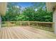 Expansive wooden deck overlooking lush backyard with a wooden safety railing at 2140 Old Orchard Ln, Canton, GA 30114