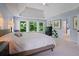 Bright bedroom with large windows overlooking backyard, light blue walls, and a ceiling fan at 3401 Village Green Dr, Roswell, GA 30075