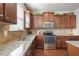 A view of the kitchen with stainless steel appliances, granite countertops, and wood cabinets at 218 Ballymore Lane Ln, Acworth, GA 30102